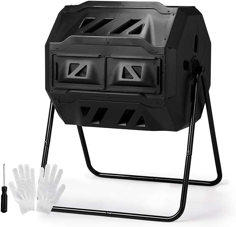 Outvita Compost Bin Outdoor, 43 Gallon Dual Chamber Tumbling or Rotating Composting Bin with Sliding Doors, Tumbler Rotating Batch Composter Bin for Garden Kitchen Yard - Image 1