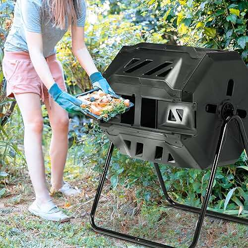 Outvita Compost Bin Outdoor, 43 Gallon Dual Chamber Tumbling or Rotating Composting Bin with Sliding Doors, Tumbler Rotating Batch Composter Bin for Garden Kitchen Yard - Image 2
