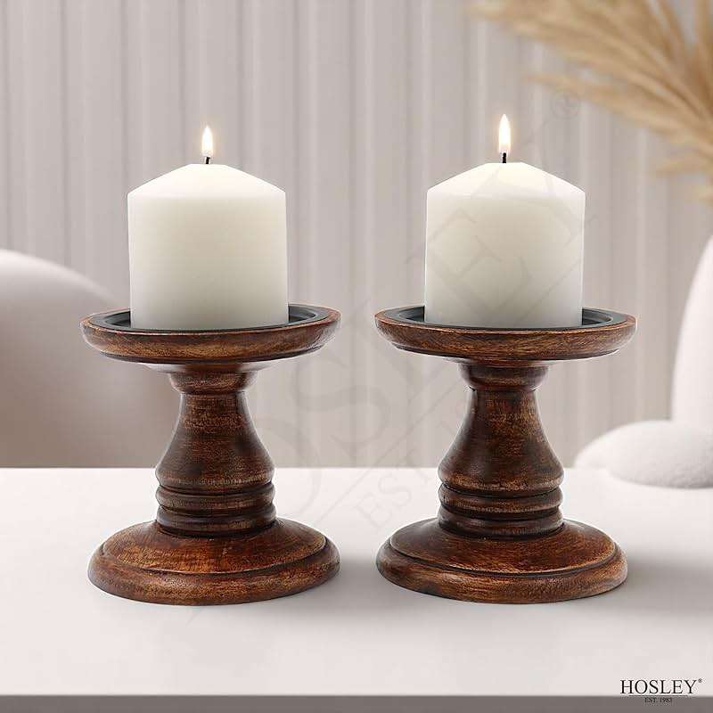 Hosley Set of 2 Brown Wood Pillar Candle Holders 5 Inch High Ideal Gift for Weddings Bridal Party Spa Reiki Meditation Votive LED Pillar Candle Gardens - Image 2