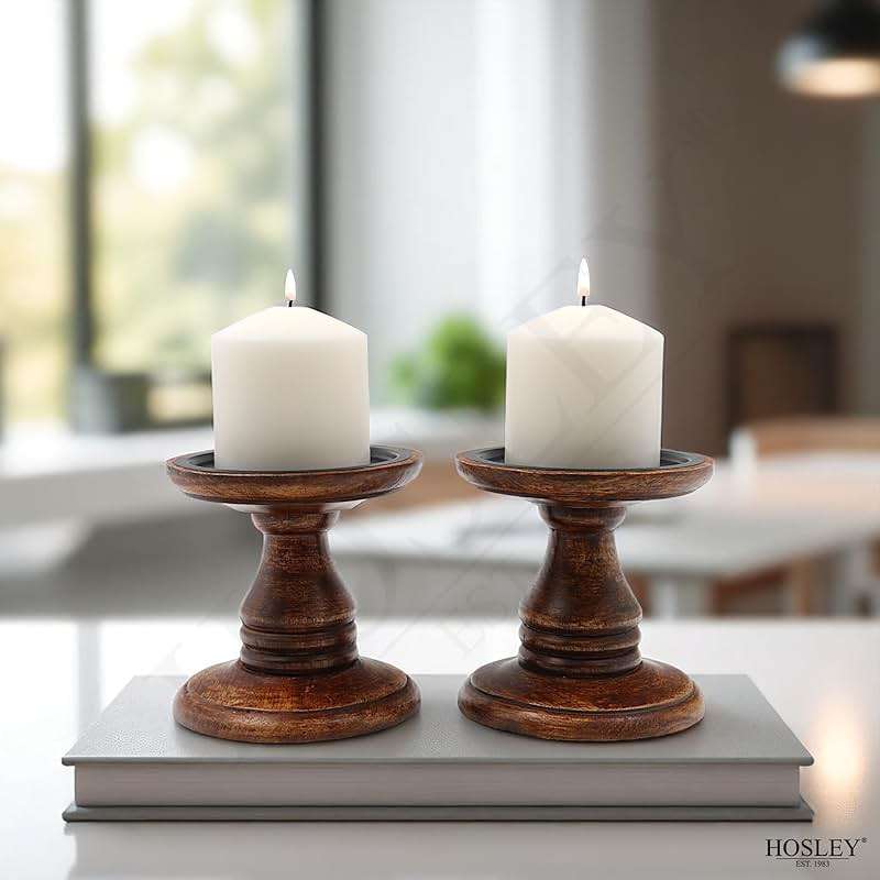 Hosley Set of 2 Brown Wood Pillar Candle Holders 5 Inch High Ideal Gift for Weddings Bridal Party Spa Reiki Meditation Votive LED Pillar Candle Gardens - Image 8