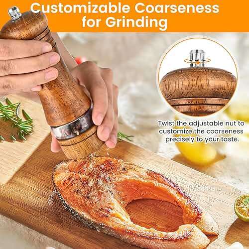 Salt and Pepper Grinder Set, Pepper Grinder，Salt Grinder，Pepper Mill，6 inch Refillable Grinder for Black Pepper，Wooden Salt and Pepper Shakers Set - Image 4