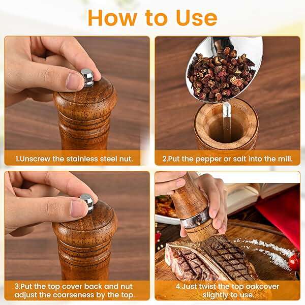 Salt and Pepper Grinder Set, Pepper Grinder，Salt Grinder，Pepper Mill，6 inch Refillable Grinder for Black Pepper，Wooden Salt and Pepper Shakers Set - Image 5