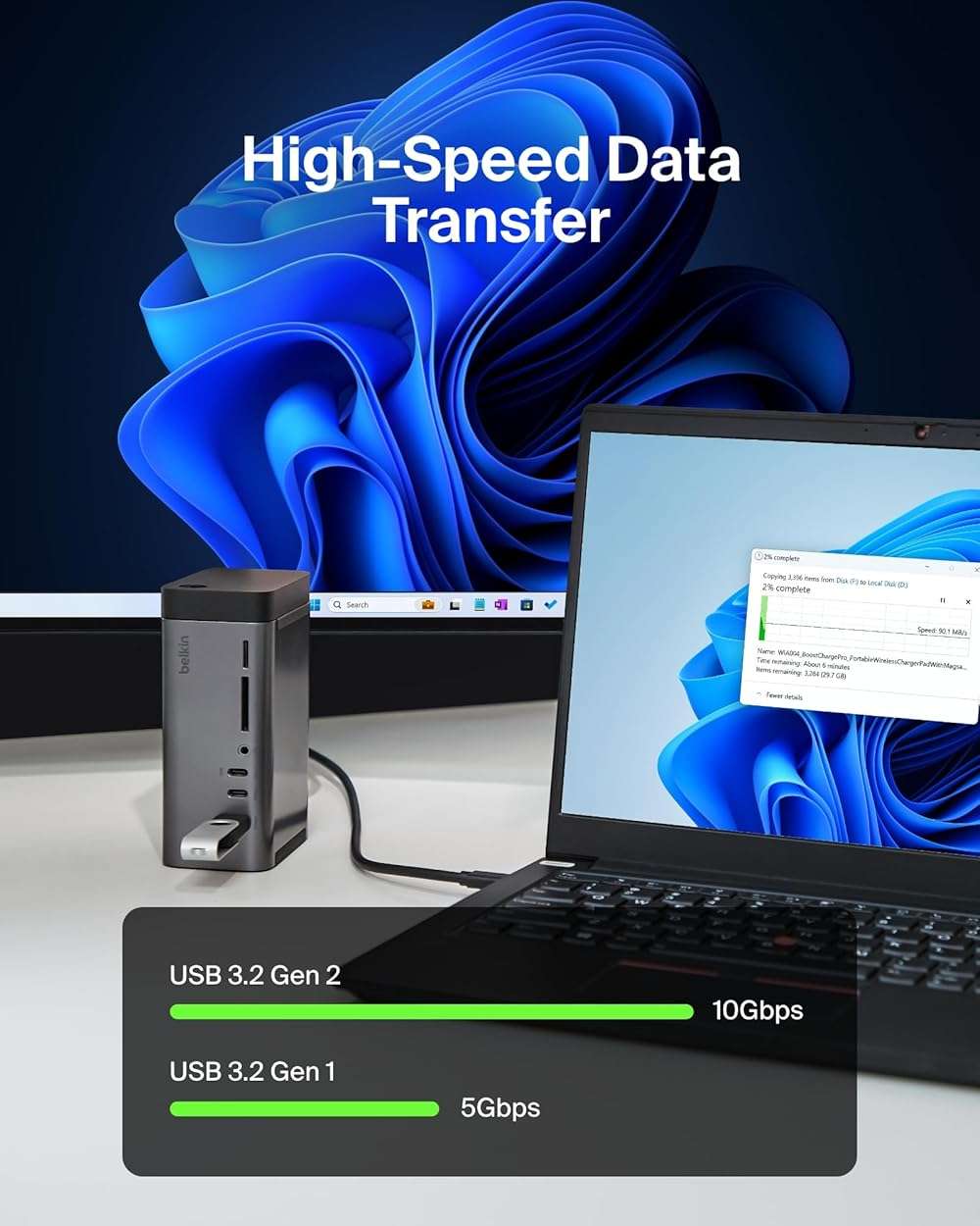 Belkin USB-C Hub, 11-in-1 Pro GaN Dock 150W, Multi-Port Docking Station w/USB-C, USB-A, Ethernet, SD, MicroSD, 3.5mm Port, 4K HDMI Ports for Triple Monitor Display - Compatible w/Windows, Laptops - Image 4