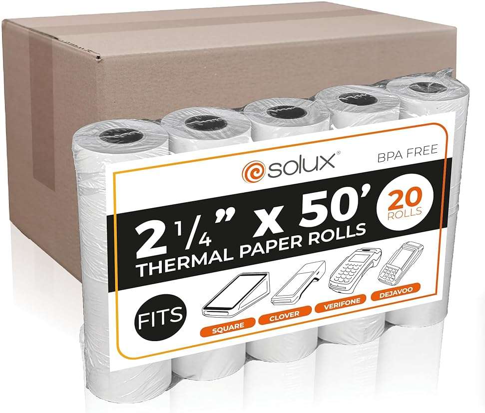 SOLUX 2 1/4 x 50 Thermal Paper Roll for Square Terminal, Clover Flex, Dejavoo Z8 Z9 Z11, Verifone Vx520, Ingenico ICT220 ICT250, FD400 - Credit Card Machine Receipt Paper (20 ROLLS) - Image 1