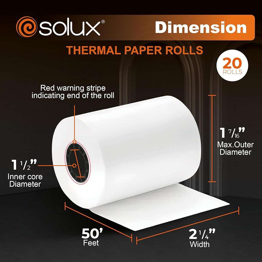 SOLUX 2 1/4 x 50 Thermal Paper Roll for Square Terminal, Clover Flex, Dejavoo Z8 Z9 Z11, Verifone Vx520, Ingenico ICT220 ICT250, FD400 - Credit Card Machine Receipt Paper (20 ROLLS) - Image 2