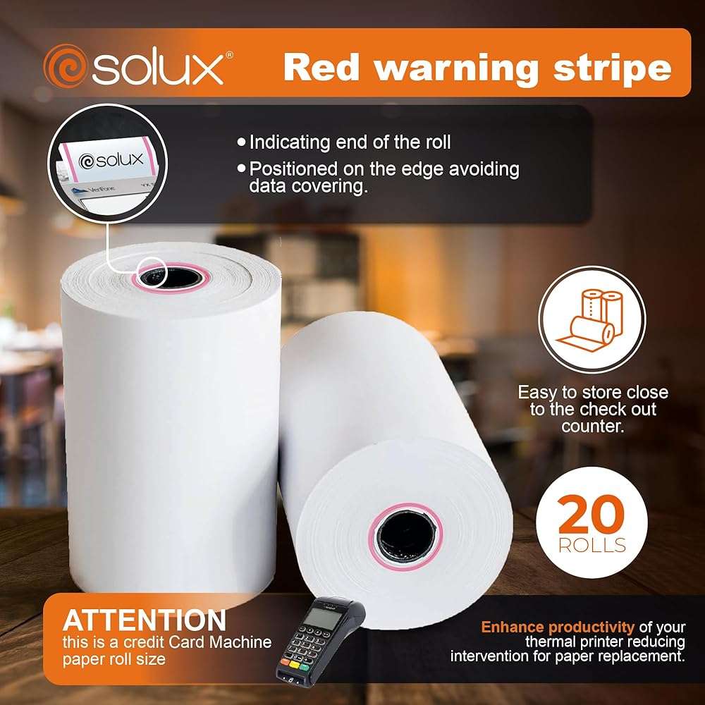 SOLUX 2 1/4 x 50 Thermal Paper Roll for Square Terminal, Clover Flex, Dejavoo Z8 Z9 Z11, Verifone Vx520, Ingenico ICT220 ICT250, FD400 - Credit Card Machine Receipt Paper (20 ROLLS) - Image 6