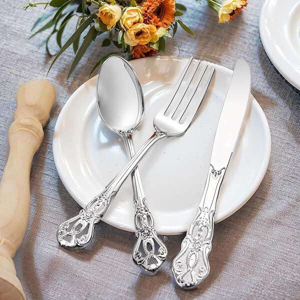 Joyido 90PCS Silver Plastic Silverware - Heavy Duty Silver Disposable Cutley - Fancy Plastic Utensils Flatware Include 30 Forks, 30 Spoons, 30 Knives for Catering, Parties, Dinners, Weddings - Image 2