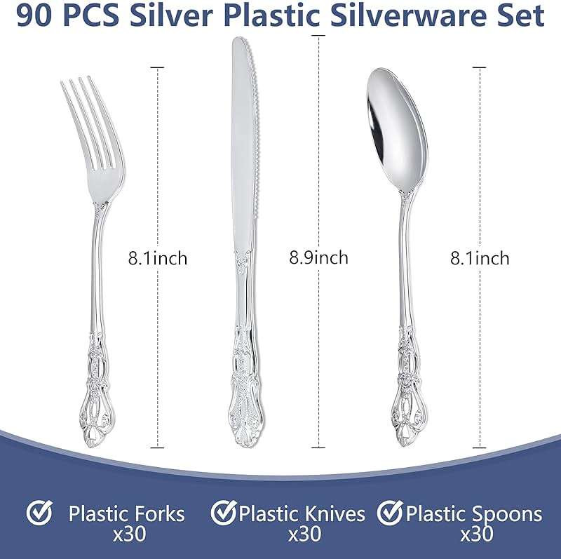 Joyido 90PCS Silver Plastic Silverware - Heavy Duty Silver Disposable Cutley - Fancy Plastic Utensils Flatware Include 30 Forks, 30 Spoons, 30 Knives for Catering, Parties, Dinners, Weddings - Image 3