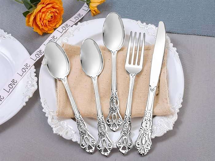 Joyido 90PCS Silver Plastic Silverware - Heavy Duty Silver Disposable Cutley - Fancy Plastic Utensils Flatware Include 30 Forks, 30 Spoons, 30 Knives for Catering, Parties, Dinners, Weddings - Image 9