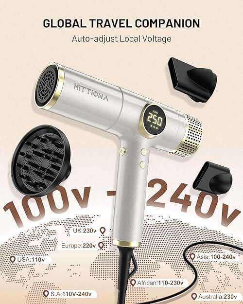 HITTIONA Dual Voltage Travel Hair Dryer with Magnetic Diffuser - 2000W High-Speed Ionic Hair Dryers Gift for Women, Fast Drying, Low Noise, Lightweight, No Heat Damage, European Travel 110V-240V, Gold - Image 2