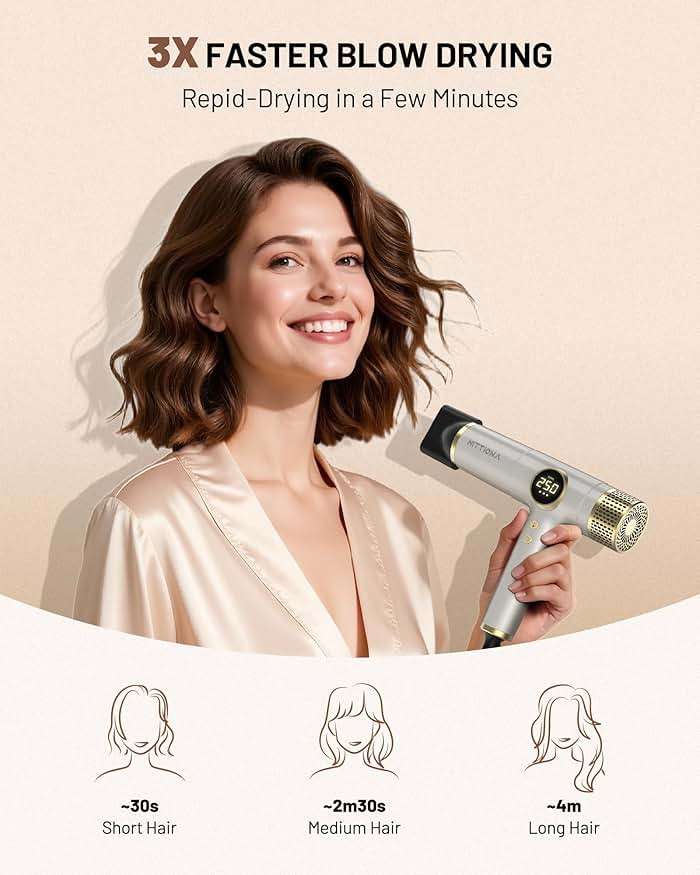 HITTIONA Dual Voltage Travel Hair Dryer with Magnetic Diffuser - 2000W High-Speed Ionic Hair Dryers Gift for Women, Fast Drying, Low Noise, Lightweight, No Heat Damage, European Travel 110V-240V, Gold - Image 4