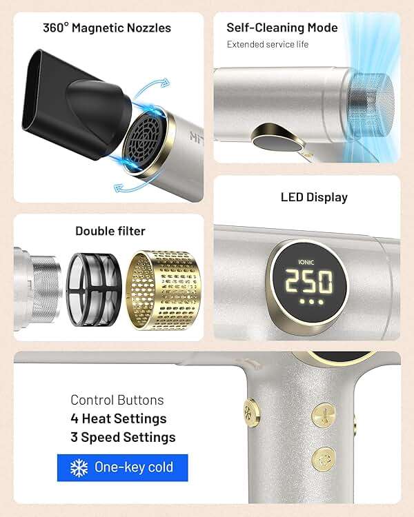 HITTIONA Dual Voltage Travel Hair Dryer with Magnetic Diffuser - 2000W High-Speed Ionic Hair Dryers Gift for Women, Fast Drying, Low Noise, Lightweight, No Heat Damage, European Travel 110V-240V, Gold - Image 8