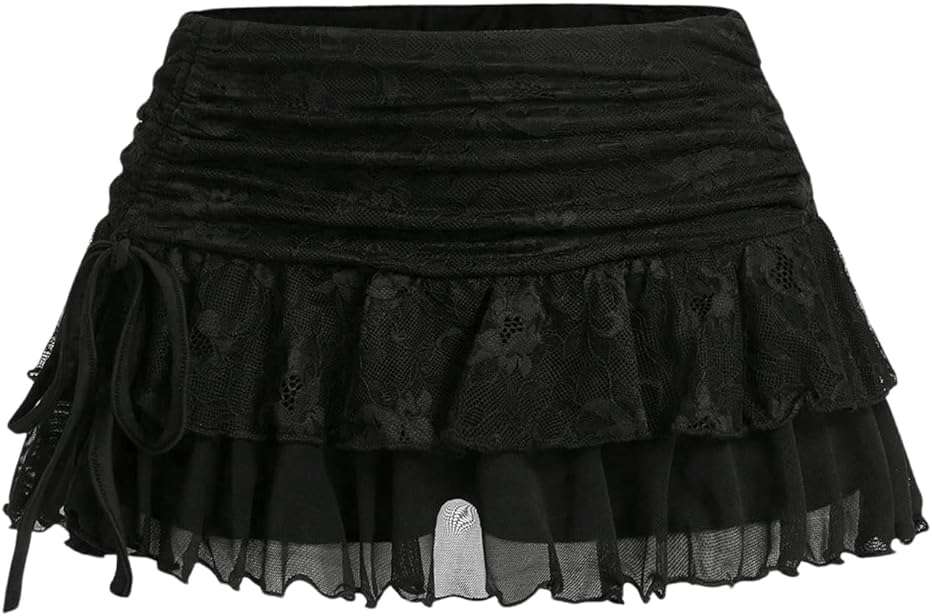 SHENHE Women's Lace Mini Skirt Y2k Low Rise Ruched Layered Ruffle Skirt - Image 1