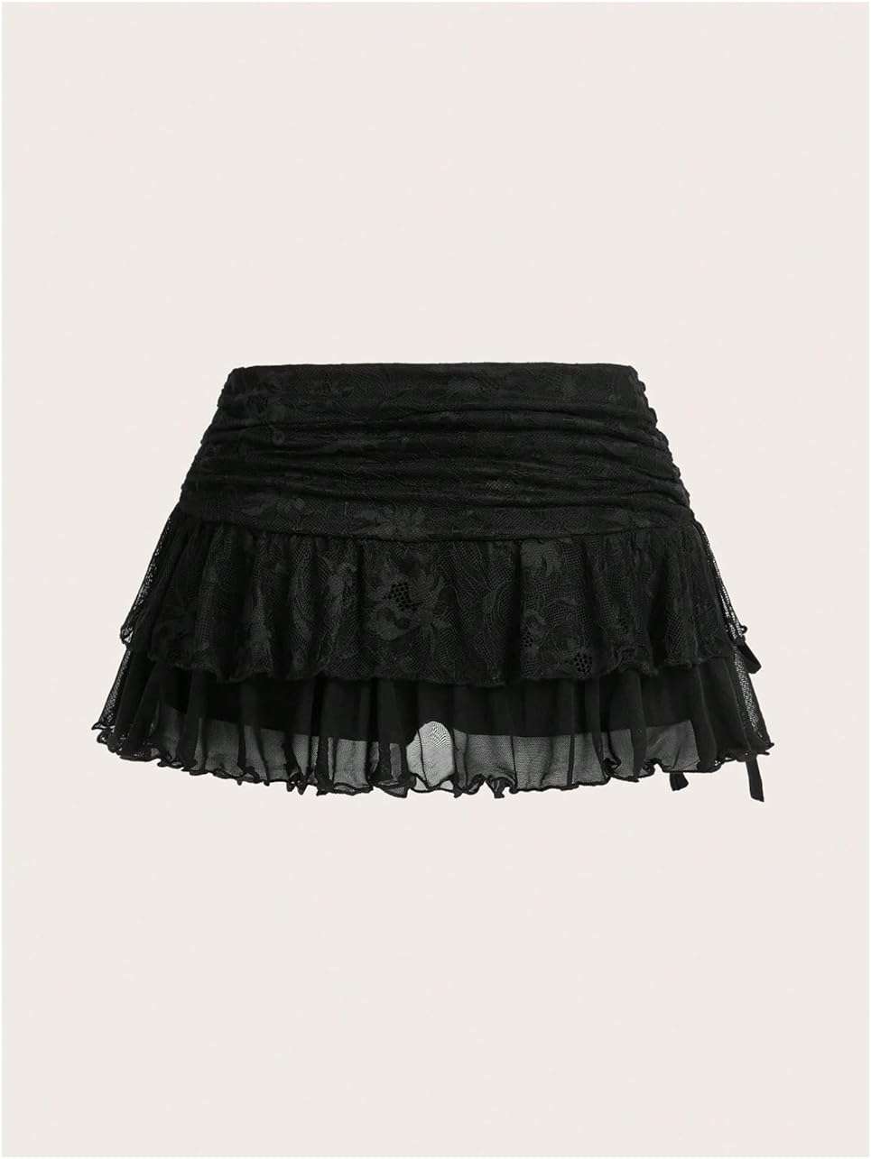 SHENHE Women's Lace Mini Skirt Y2k Low Rise Ruched Layered Ruffle Skirt - Image 2