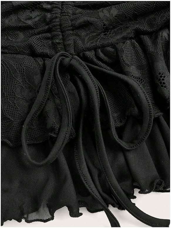 SHENHE Women's Lace Mini Skirt Y2k Low Rise Ruched Layered Ruffle Skirt - Image 3