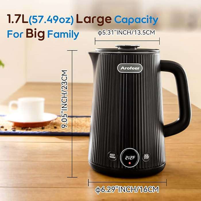 Arofeer® 1.7L(57oz) Large Electric Kettle Temperature Control, 7+Cups Electric Tea Kettle for Coffee&Tea, 2 quarts Big Hot Water Kettle Electric with,1200W,Keep Warm-Black - Image 2