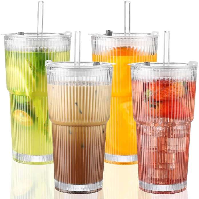 CWHHRN 20 oz Glass Cups with Lid and Straw 4 Set, Glass Tumbler with Straw and Lid, Vintage Glassware for Whiskey Cocktail Beer, Iced Coffee Cups with Lid (4 PACK) - Image 1