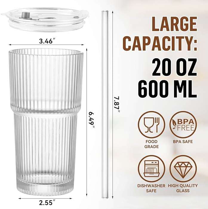CWHHRN 20 oz Glass Cups with Lid and Straw 4 Set, Glass Tumbler with Straw and Lid, Vintage Glassware for Whiskey Cocktail Beer, Iced Coffee Cups with Lid (4 PACK) - Image 3