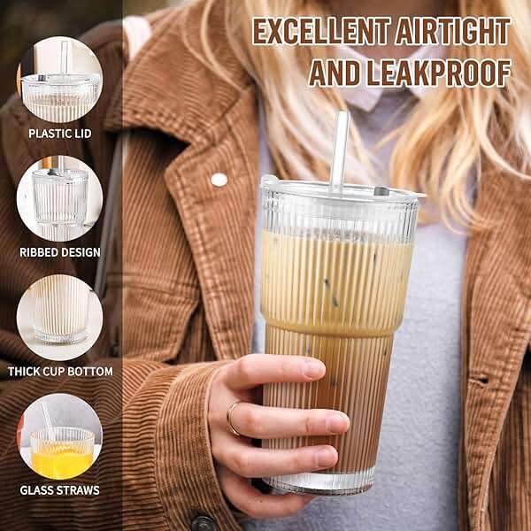 CWHHRN 20 oz Glass Cups with Lid and Straw 4 Set, Glass Tumbler with Straw and Lid, Vintage Glassware for Whiskey Cocktail Beer, Iced Coffee Cups with Lid (4 PACK) - Image 4