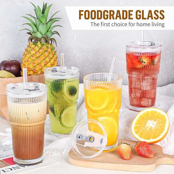 CWHHRN 20 oz Glass Cups with Lid and Straw 4 Set, Glass Tumbler with Straw and Lid, Vintage Glassware for Whiskey Cocktail Beer, Iced Coffee Cups with Lid (4 PACK) - Image 5