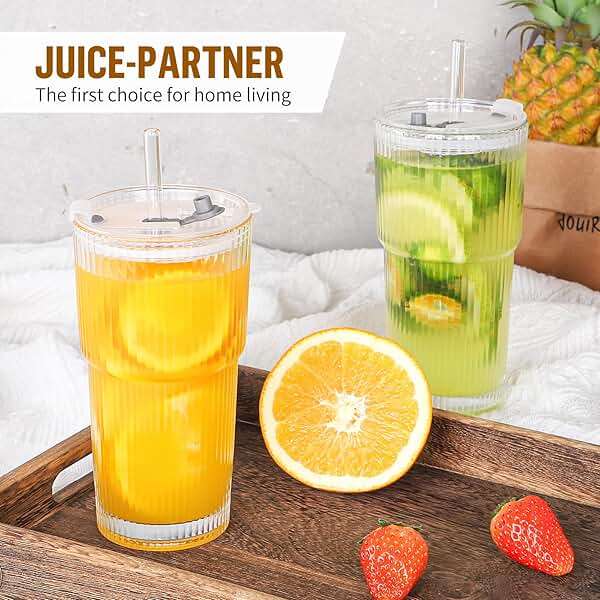 CWHHRN 20 oz Glass Cups with Lid and Straw 4 Set, Glass Tumbler with Straw and Lid, Vintage Glassware for Whiskey Cocktail Beer, Iced Coffee Cups with Lid (4 PACK) - Image 7