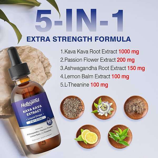 HOLLEGEND Kava Kava Root Extract Liquid Drops, 5 in 1 Blend with Ashwagandha, Lemon Balm, L-Theanine, Kava Tincture Supplement for Stress Relief, Sleep, Brain Health, 2 Fl Oz - Image 3