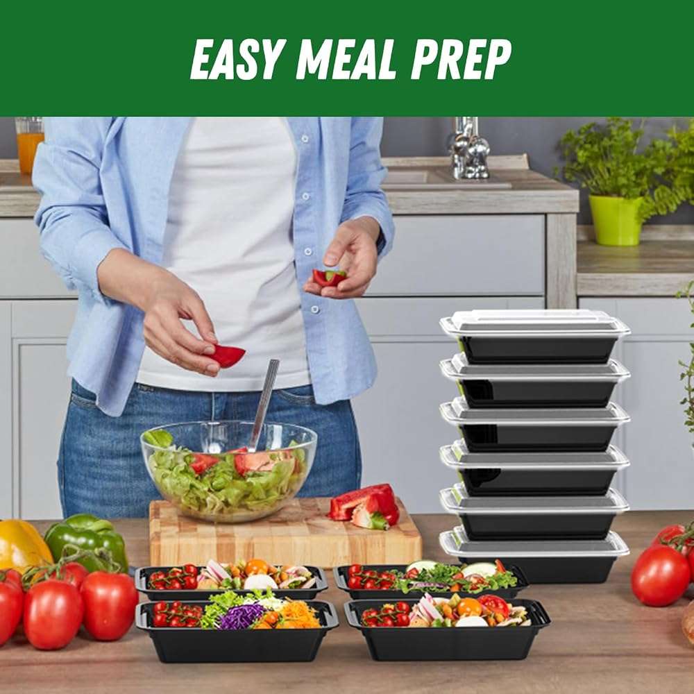 50 Pack (100-Piece) 32 oz Meal Prep Containers Reusable with Easy Open Lids, Sturdy Leakproof Food Safe, Microwave Freezer Dishwasher Safe, To Go Take Out Plastic Food Storage Pans with Lids, Black - Image 2