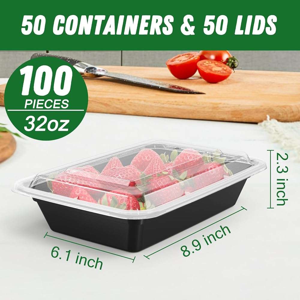 50 Pack (100-Piece) 32 oz Meal Prep Containers Reusable with Easy Open Lids, Sturdy Leakproof Food Safe, Microwave Freezer Dishwasher Safe, To Go Take Out Plastic Food Storage Pans with Lids, Black - Image 3