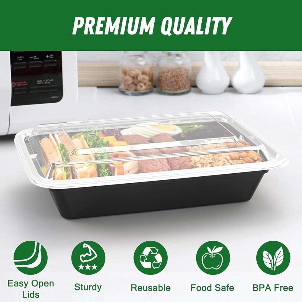 50 Pack (100-Piece) 32 oz Meal Prep Containers Reusable with Easy Open Lids, Sturdy Leakproof Food Safe, Microwave Freezer Dishwasher Safe, To Go Take Out Plastic Food Storage Pans with Lids, Black - Image 4