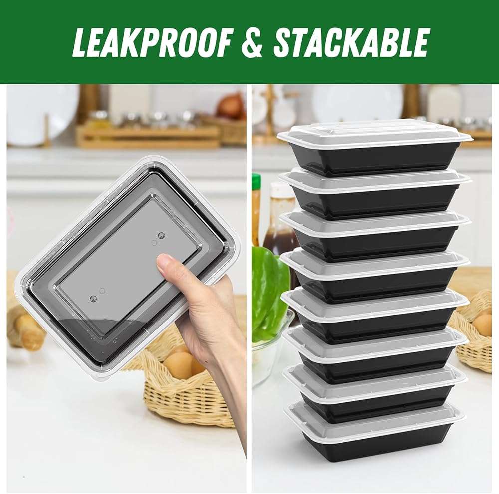 50 Pack (100-Piece) 32 oz Meal Prep Containers Reusable with Easy Open Lids, Sturdy Leakproof Food Safe, Microwave Freezer Dishwasher Safe, To Go Take Out Plastic Food Storage Pans with Lids, Black - Image 5