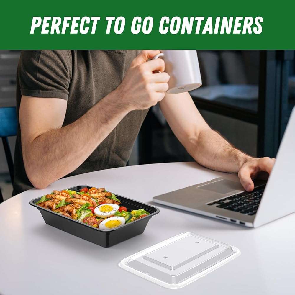 50 Pack (100-Piece) 32 oz Meal Prep Containers Reusable with Easy Open Lids, Sturdy Leakproof Food Safe, Microwave Freezer Dishwasher Safe, To Go Take Out Plastic Food Storage Pans with Lids, Black - Image 7