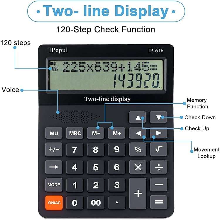 Desk Calculator, IPepul Basic Desktop Calculators Big Buttons and 2 Line Display, 4 Function Simple Calculator, Large Talking Calculators Office Supplies for Office Business School Students - Image 2
