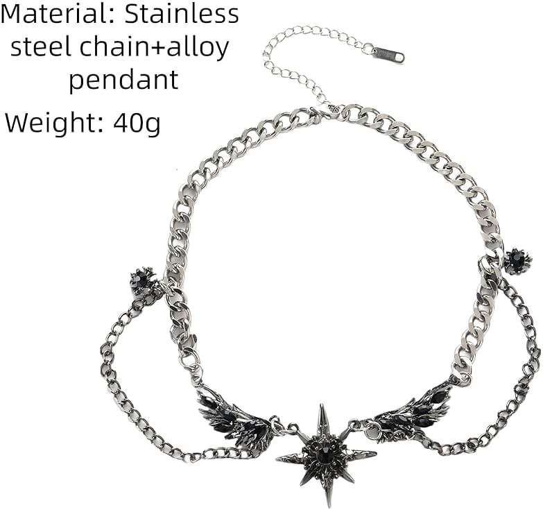 Joddfly Gothic Dark Style Winged Star Tie Neck Y2k Necklace 14+4 inches - Image 2