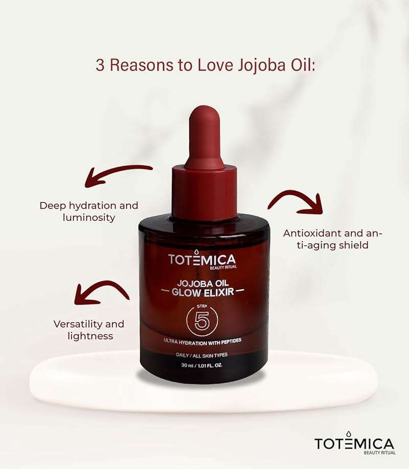 TOTEMICA Organic Jojoba Oil Glow Elixir – Hydrating & Anti-Aging face oil with Peptides | Vegan & Non-Comedogenic facial oil & moisturizing body oil for skin oil & hair oil (1.01 Fl Oz) - Image 5