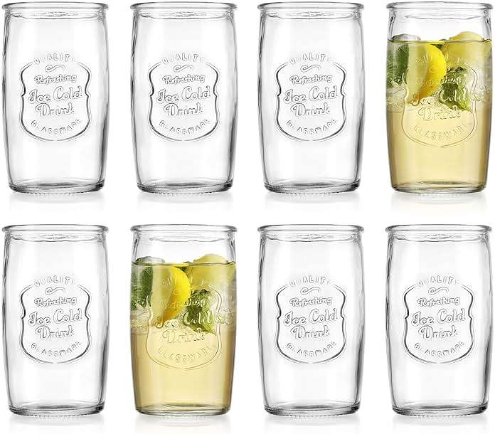 Glaver's Set of 8 Highball Glass Cups 20 OZ Stemless Tall Drinking Glasses For Everyday Use, Vintage Ice Cold Logo Tumbler Glassware for Bar, Juice, Cocktails, Beer, Water glasses. - Image 4