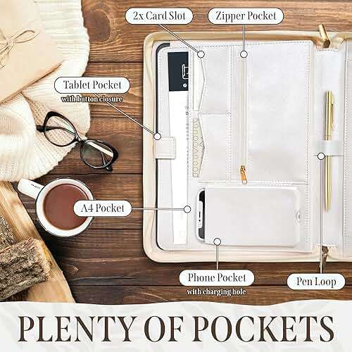 Padfolio for Women, PU Leather Zipper Binder, Beige Portfolio Organizer A4, Design Zipper Padfolio, Aesthetic Portfolio Binder, Portfolio for Ipad or Laptop, Organizer Case, Folder Organizer - Image 4