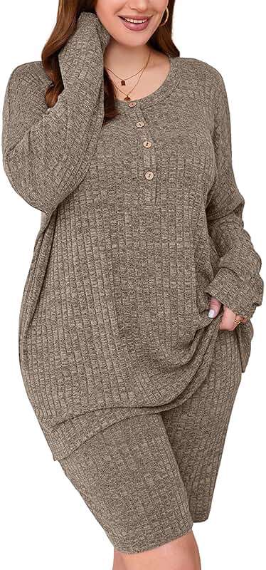 AusLook Women's Plus Size Lounge Pajamas Sets 2 Piece Ribbed Knit Long Sleeve Top and Shorts Outfits Loungewear Sweatsuit - Image 1