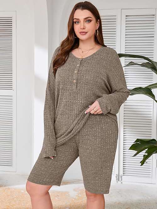 AusLook Women's Plus Size Lounge Pajamas Sets 2 Piece Ribbed Knit Long Sleeve Top and Shorts Outfits Loungewear Sweatsuit - Image 2