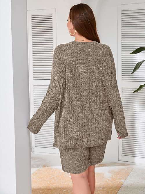 AusLook Women's Plus Size Lounge Pajamas Sets 2 Piece Ribbed Knit Long Sleeve Top and Shorts Outfits Loungewear Sweatsuit - Image 3
