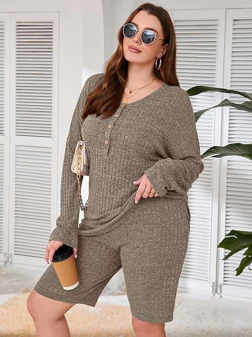 AusLook Women's Plus Size Lounge Pajamas Sets 2 Piece Ribbed Knit Long Sleeve Top and Shorts Outfits Loungewear Sweatsuit - Image 5