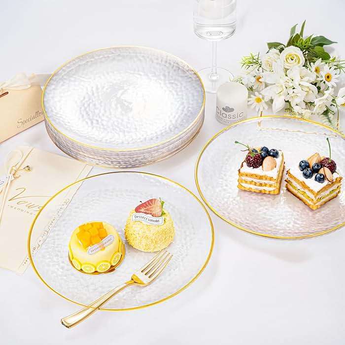 Rubtlamp 100 Pcs Gold Plastic Plates, 10 inch Clear Gold Dinner Plates, Hammer Pattern Design, Fancy Disposable Plate, Heavy Duty Party Plate Ideal for Party - Image 2