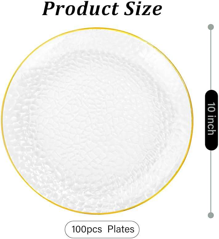 Rubtlamp 100 Pcs Gold Plastic Plates, 10 inch Clear Gold Dinner Plates, Hammer Pattern Design, Fancy Disposable Plate, Heavy Duty Party Plate Ideal for Party - Image 3