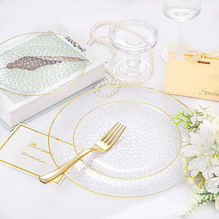 Rubtlamp 100 Pcs Gold Plastic Plates, 10 inch Clear Gold Dinner Plates, Hammer Pattern Design, Fancy Disposable Plate, Heavy Duty Party Plate Ideal for Party - Image 5