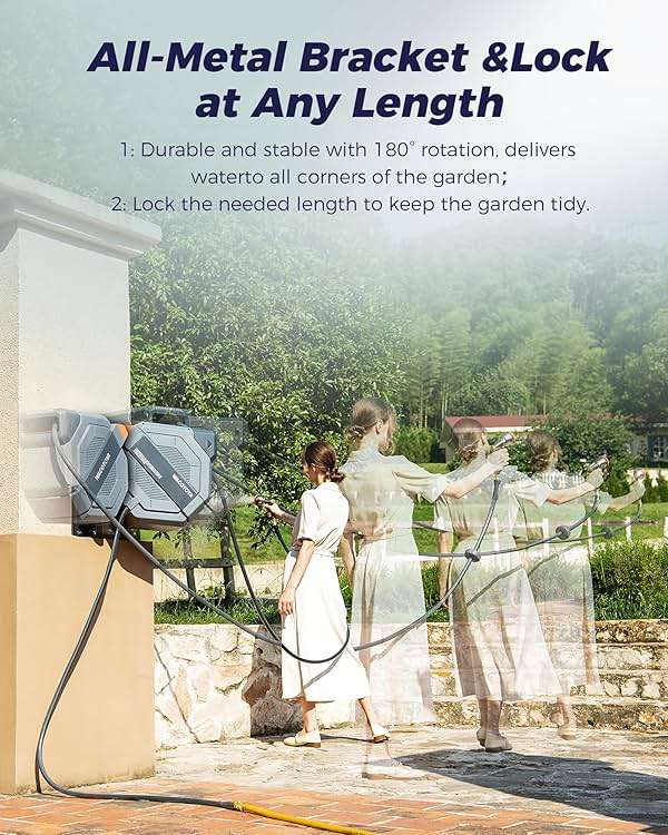 Retractable Garden Hose Reel, 5/8 in x100 ft Heavy Duty Wall Mount Water Hose Reel with Metal Bracket & 9-Pattern Metal Nozzle, Any Length Lock, Slow Retraction and 180° Swivel - Image 7