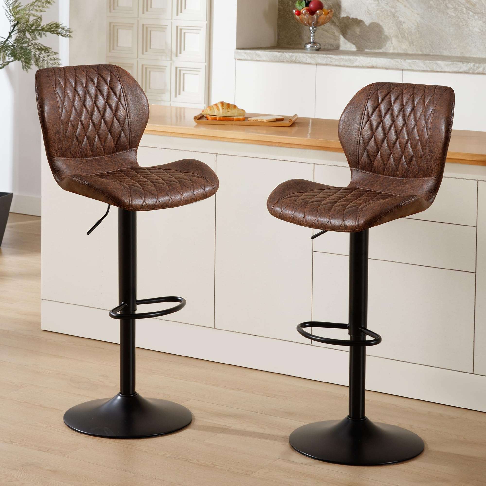 HOMYKA Bar Stools Set of 2, Modern Swivel Counter Height Barstools for Kitchen Island Chairs, Adjustable Fabric Bar Stools with Back for Kitchen Counter Bar, Brown - Image 1
