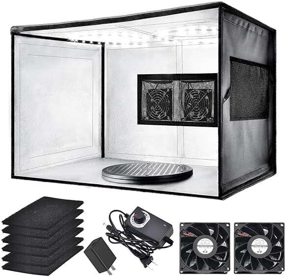 Airbrush Spray Booth with Dual Exhaust Fans,Portable Airbrush Paint Booth for Airbrushing,2 Round Led Lights with 360° Coverage,Turntable and Extension Hose,Hobby Spray Booth Kit for Painting Model - Image 1