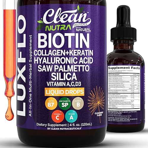 Liquid Biotin & Collagen Keratin Hyaluronic Acid Saw Palmetto Drops Vitamins for Hair Growth Support Silica Vitamin A C D Bamboo Turmeric Zinc Folate Magnesium Horsetail LuxFlo By Clean Nutra - Image 1