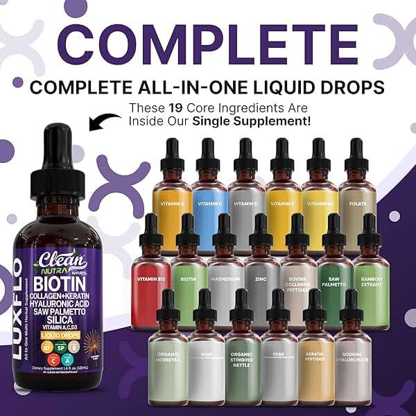 Liquid Biotin & Collagen Keratin Hyaluronic Acid Saw Palmetto Drops Vitamins for Hair Growth Support Silica Vitamin A C D Bamboo Turmeric Zinc Folate Magnesium Horsetail LuxFlo By Clean Nutra - Image 2