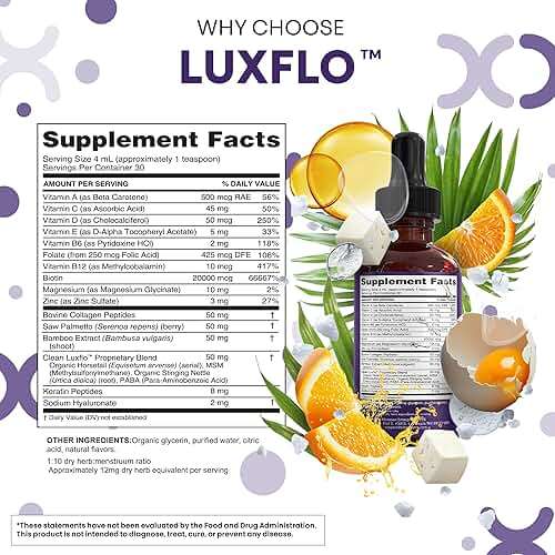 Liquid Biotin & Collagen Keratin Hyaluronic Acid Saw Palmetto Drops Vitamins for Hair Growth Support Silica Vitamin A C D Bamboo Turmeric Zinc Folate Magnesium Horsetail LuxFlo By Clean Nutra - Image 4