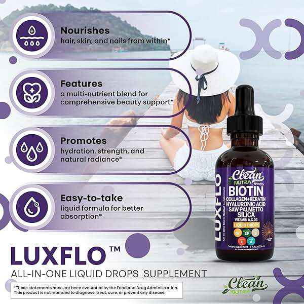 Liquid Biotin & Collagen Keratin Hyaluronic Acid Saw Palmetto Drops Vitamins for Hair Growth Support Silica Vitamin A C D Bamboo Turmeric Zinc Folate Magnesium Horsetail LuxFlo By Clean Nutra - Image 5
